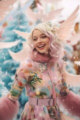 A laughing fairy wearing a pastel outfit with matching wings in a winter scene exuding joy