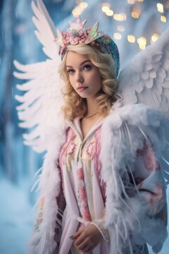 Serene angel figure with white wings and celestial attire in a dreamlike winter scene