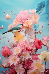 Artistic rendition of a bird atop a cluster of blush pink flowers with a serene water wave background