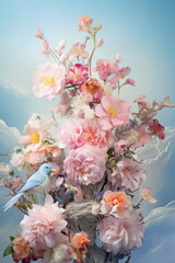 A colorful depiction of a bluebird among vibrant pink roses set against a soft, sky-like background