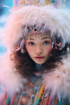 Young girl with a decorative headdress and a fur collar in a winter fantasy portrait