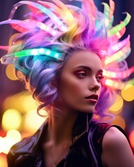 Fototapeta premium Portrait of a woman with vibrant neon-lit hair styled wildly against a night background
