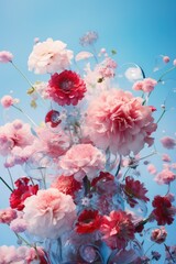 Ethereal display of various pink flowers and transparent bubbles floating against a light blue background