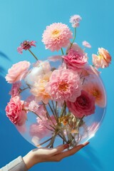 Close-up of a hand delicately holding a large clear bubble containing a bouquet of colorful flowers