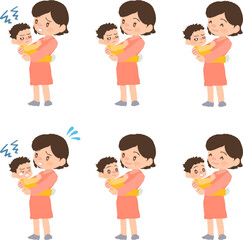 お母さんと抱っこされた赤ちゃんのイラストセット