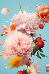 An explosion of pink peonies and vibrant fruits set against a pale background, creating a fresh springtime composition