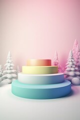 Merry Christmas banner with stage product display cylindrical shape and festive decoration for Christmas, snow background, promotion display, 3D rendering product display platform.