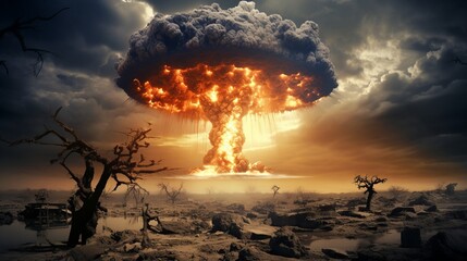 The consequences of a nuclear war. The ruins of the city, scorched nature against the background of the smoke of a nuclear explosion