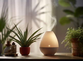 humidifier placed on a table in a cozy living room. The subtle steam jet adds a touch of tranquility to the blurred background. Generative AI.