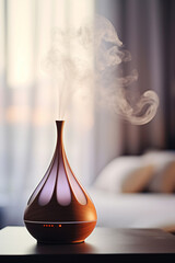 humidifier placed on a table in a cozy living room. The subtle steam jet adds a touch of tranquility to the blurred background. Generative AI.