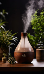 humidifier placed on a table in a cozy living room. The subtle steam jet adds a touch of tranquility to the blurred background. Generative AI.