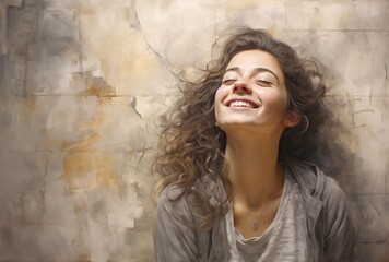 Fototapeta premium a young woman leaning against a wall with her eyes closed, joyful and optimistic