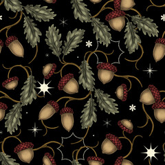 Oak acorns on branches with leaves and shining abstract stars Vintage seamless pattern hand drawn