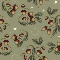 Oak acorns on branches with leaves and shining abstract stars Vintage seamless pattern hand drawn