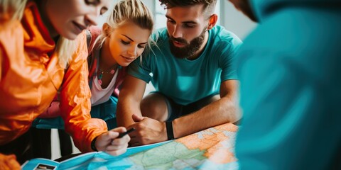 Travel buddies, using a compass and marking their next destination on a map, concept of Exploration - obrazy, fototapety, plakaty