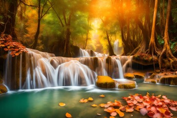 **amazing of huay mae kamin waterfall in colorful autumn forest at kanchanaburi,thailand-