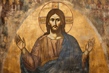 Depiction of Jesus Christ in Byzantine art style. The concept represents religious iconography.