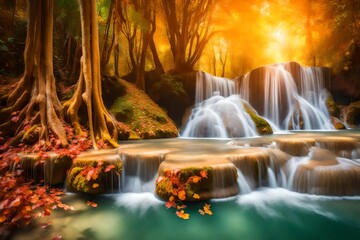 **amazing of huay mae kamin waterfall in colorful autumn forest at kanchanaburi,thailand-