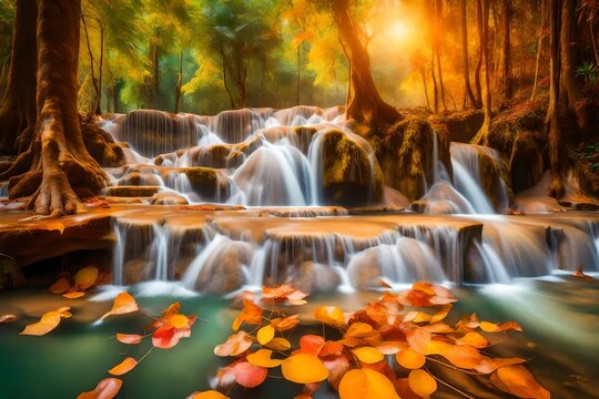 **amazing of huay mae kamin waterfall in colorful autumn forest at kanchanaburi,thailand-