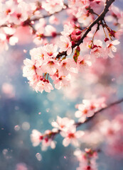 舞い散る桜と花びらの背景、春｜Background of falling cherry blossoms and petals, spring. Generative AI - obrazy, fototapety, plakaty