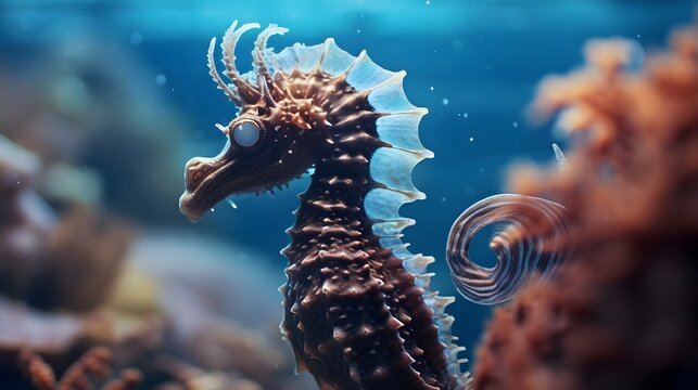 An image that highlights the close-up details of a seahorse, showcasing its unique features, textures, and intricate patterns, background image, generative AI