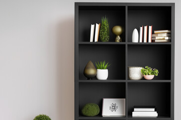 black wardrobe. black bookshelf with books and plants, close-up. room design concept