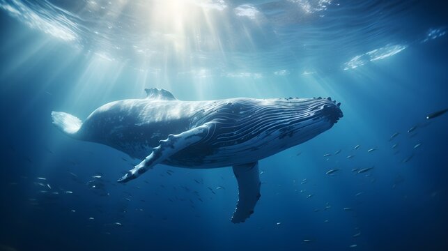 The beauty of a whale's graceful movements beneath the sea's surface, showcasing the play of light and shadows on the whale's body, background image, generative AI