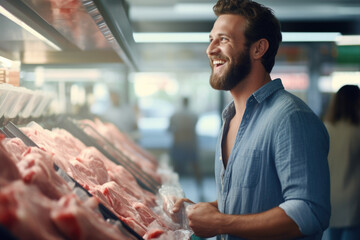 Man shopping for meat in a supermarket. The concept portrays a joyful consumer experience. - obrazy, fototapety, plakaty