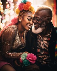 a man and a young woman celebrate a gay marriage with a vibrant color - obrazy, fototapety, plakaty