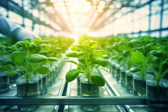 In the biotechnology science laboratory, a beaker and flask stand amidst vibrant green leaves, merging the precision of scientific research with the beauty of nature. Generative AI.