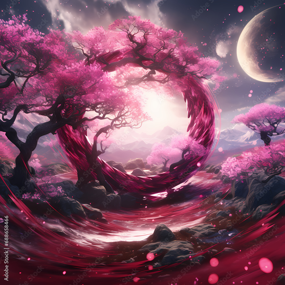 Poster a digital whirlwind featuring cosmic elements, abstract sakura elements, and shadows, forming a dynamic and captivating scene