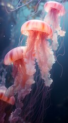 Close-up details of translucent jellyfish, capturing their delicate tentacles and mesmerizing movements, background image, generative AI