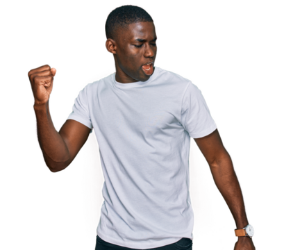 Young african american man wearing casual white t shirt dancing happy and cheerful, smiling moving casual and confident listening to music