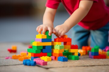  A Young Child Building a Tower with Colorful Blocks