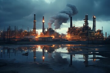 Industrial Landscape with Smokestacks and Refinery at Night