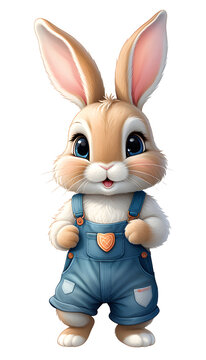 bunny rabbit in denim jumpsuit on transparent background