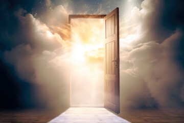Open door leading to a bright, heavenly light. The concept symbolizes hope and new beginnings.