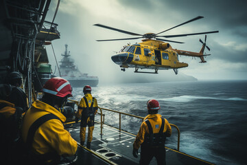 helicopter arrives at modern offshore oil production platform,demonstrates logistical aspects of personnel transportation in remote marine environment,concept of oil,gas industry,economic,energy trade - obrazy, fototapety, plakaty