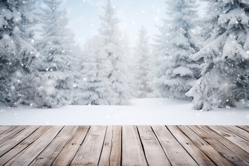 an empty old wooden table top against the background of a winter coniferous forest covered with snow,product presentation design concept, layout