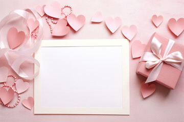 a banner for Valentine's day,on a pink background there is a sheet of white paper for text, surrounded by ribbons,hearts and a gift,the concept of a greeting card for Valentine's day