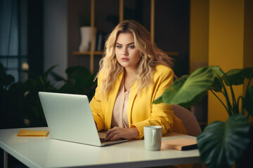 Fototapeta premium a plump woman of plus-size, a manager, in yellow business clothes is sitting at a table and working on a laptop in a modern office, the concept of diversity