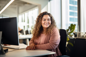 a plump woman of plus-size, a manager, in pink business clothes sits at a desk in front of a monitor and smiles sweetly in a modern office, the concept of diversity