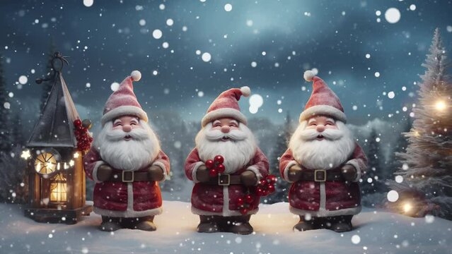 Happy Little Santa In The Cold Snow Greets You. Seamless Looping Video 4k Animation