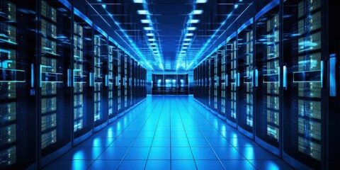 Fototapeta premium Data center. Server racks in server room data center. A modern data center featuring multiple servers, each equipped with glowing LED lights.