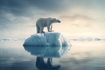 Polar bear on a melting iceberg. Environmental conservation, eco problems