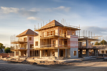 Obraz premium new house emerges into reality, supported by a temporary network of wooden frames and scaffolding in the construction process.