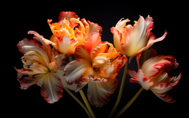 Parrot tulips in front of a dark background, springtime, orange, red. 