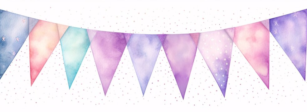 colorful watercolor rainbow pennants in various colors, light purple and dark aquamarine