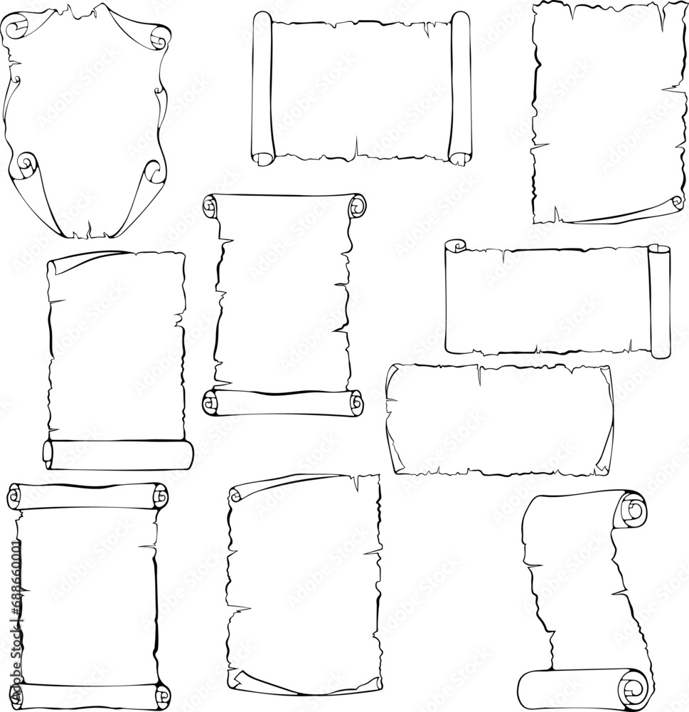 Fototapete set of scroll old papyrus papers. ancient scroll with copy space. vector illustrations in hand drawn
