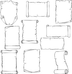 Set of scroll old papyrus papers. Ancient scroll with copy space. Vector illustrations in hand drawn sketch style isolated on white. Black outline graphics. Banner parchment with space for text